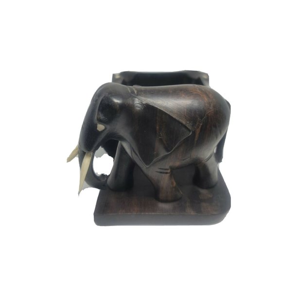 ELEPHANT | Hand Carved wood sculpture w/Tusks Dark wood with attached Dish - Picture 8 of 11